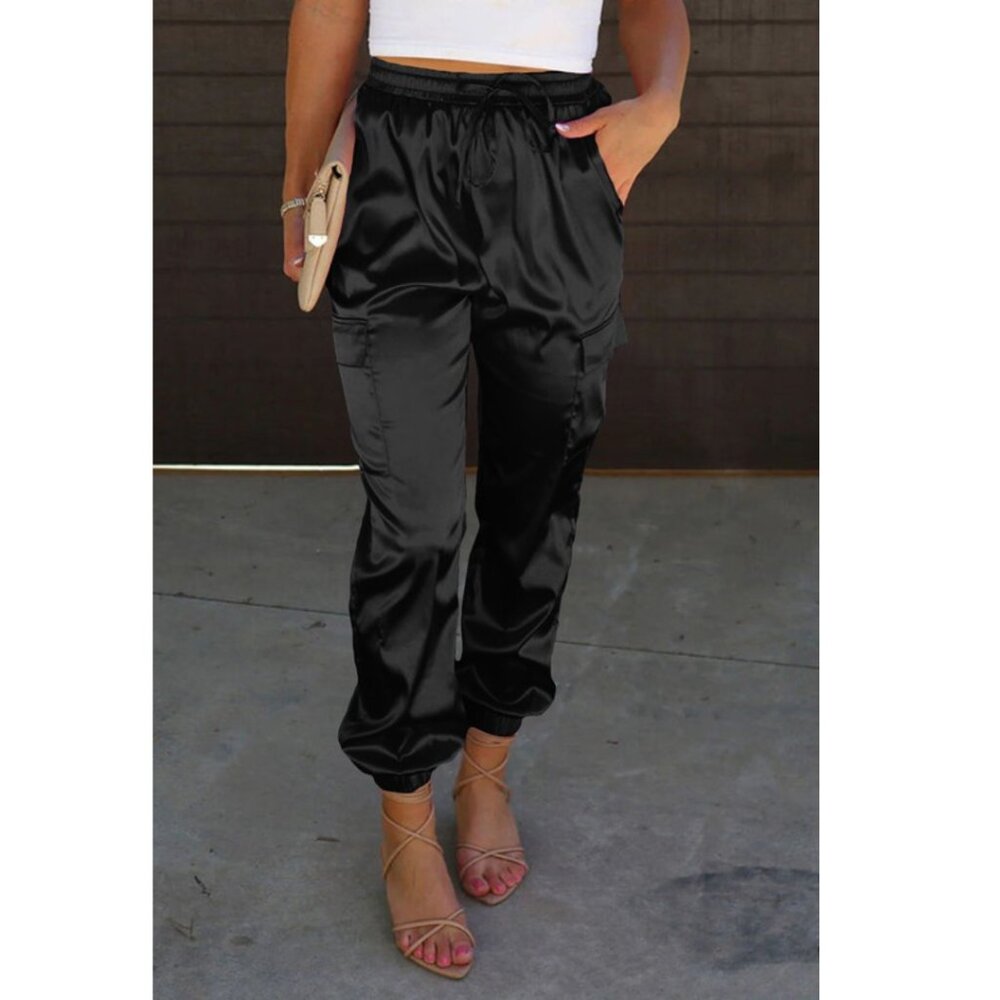 Black Satin Cargo Joggers Pants